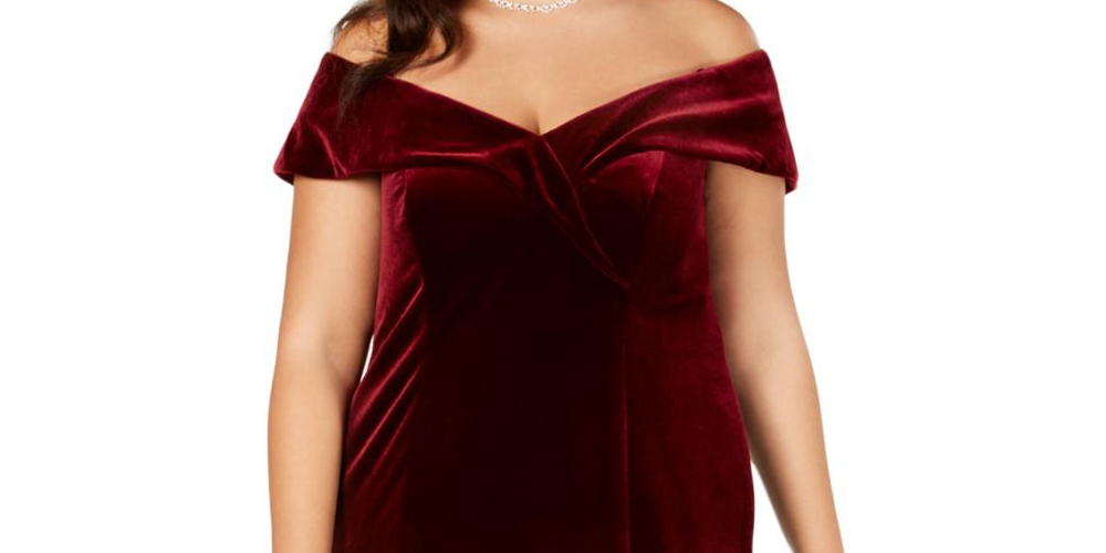 Vestido de festa feminino Xscape Plus Velvet com ombros à mostra, roxo, tamanho 18W
