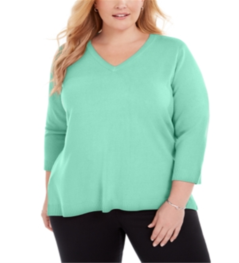 Karen Scott Suéter Luxsoft Plus Size com Gola V Feminino - Azul Aquifer Tamanho 2X