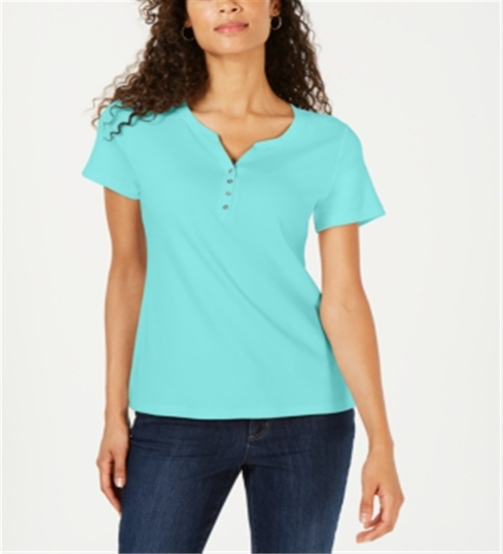 Karen Scott Top Henley de Algodão Feminino Petite Azul Tamanho Petit G