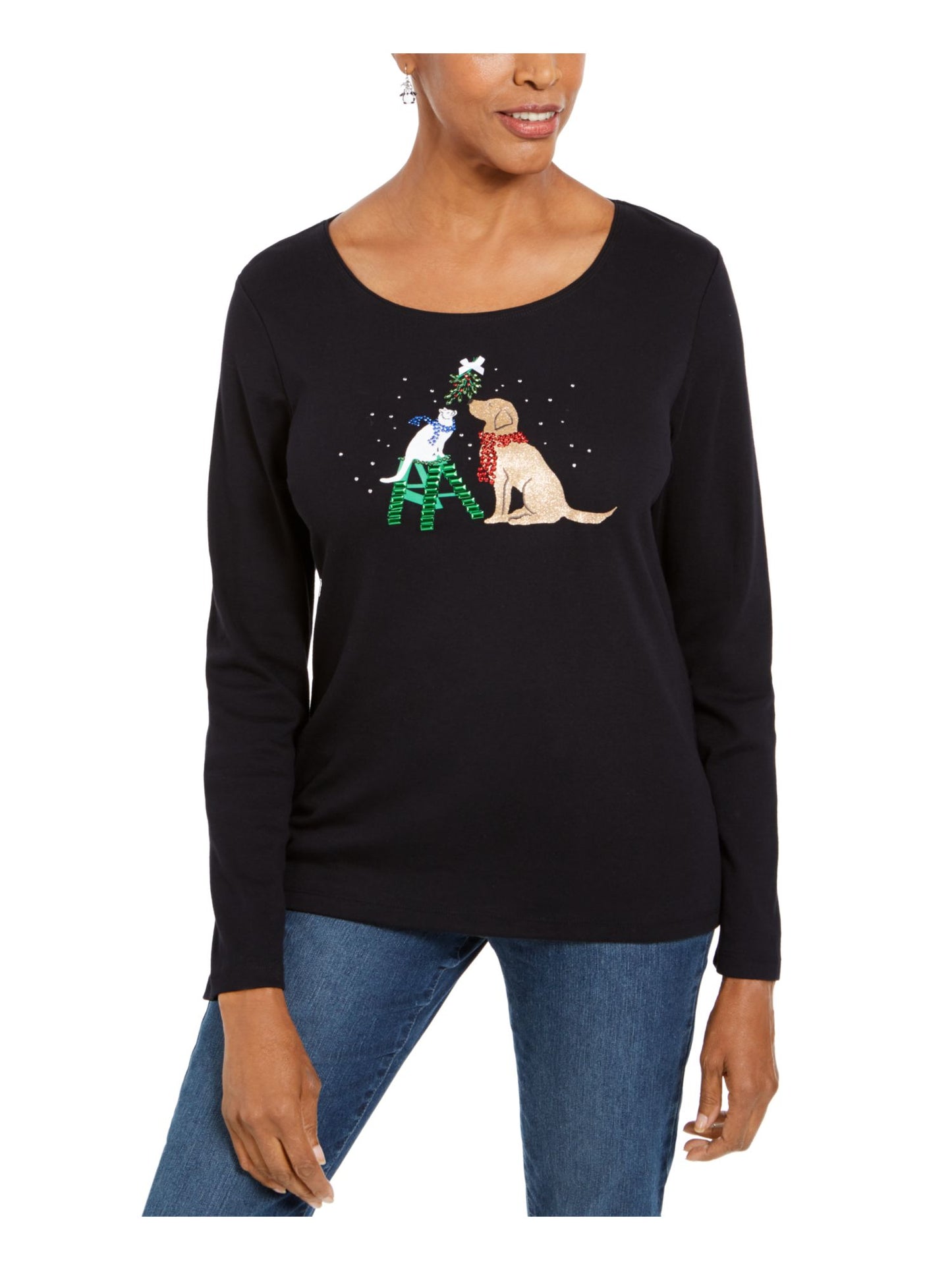 Camiseta feminina Karen Scott manga comprida, preta, tamanho pequeno e pequeno