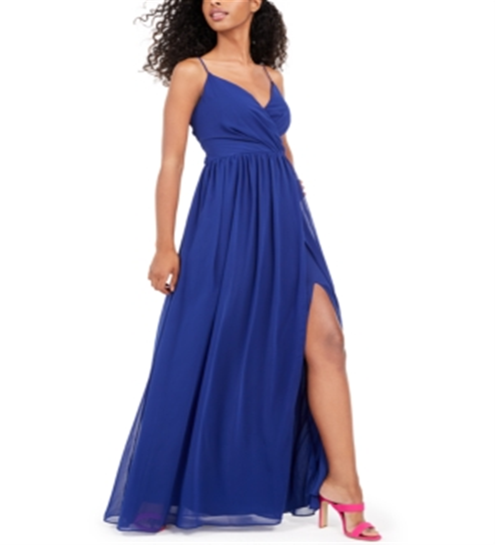 Vestido de festa feminino City Studios, com fenda, alças finas, decote coração, comprimento total, estilo flare, azul, tamanho 7