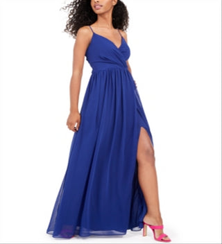 Vestido de festa feminino City Studios, com fenda, alças finas, decote coração, comprimento total, estilo flare, azul, tamanho 7