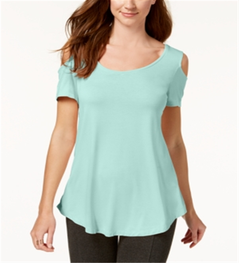 Camiseta feminina JM Collection com ombros descobertos e manga curta, azul, tamanho pequeno