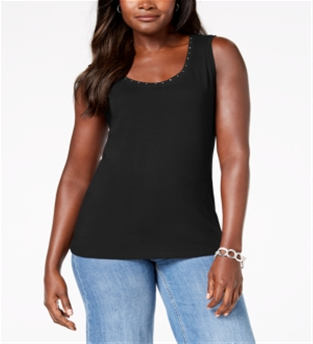 Regata feminina Karen Scott de algodão com tachas - Preto profundo, tamanho M