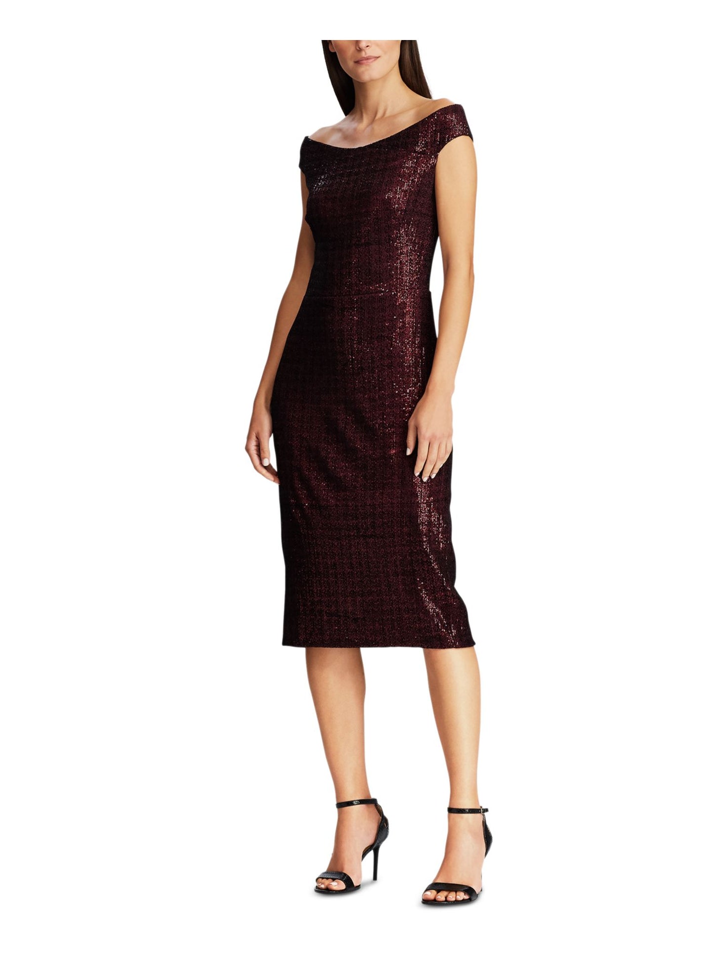 Vestido de coquetel feminino Ralph Lauren com lantejoulas, manga curta, decote canoa, midi, preto, tamanho 0