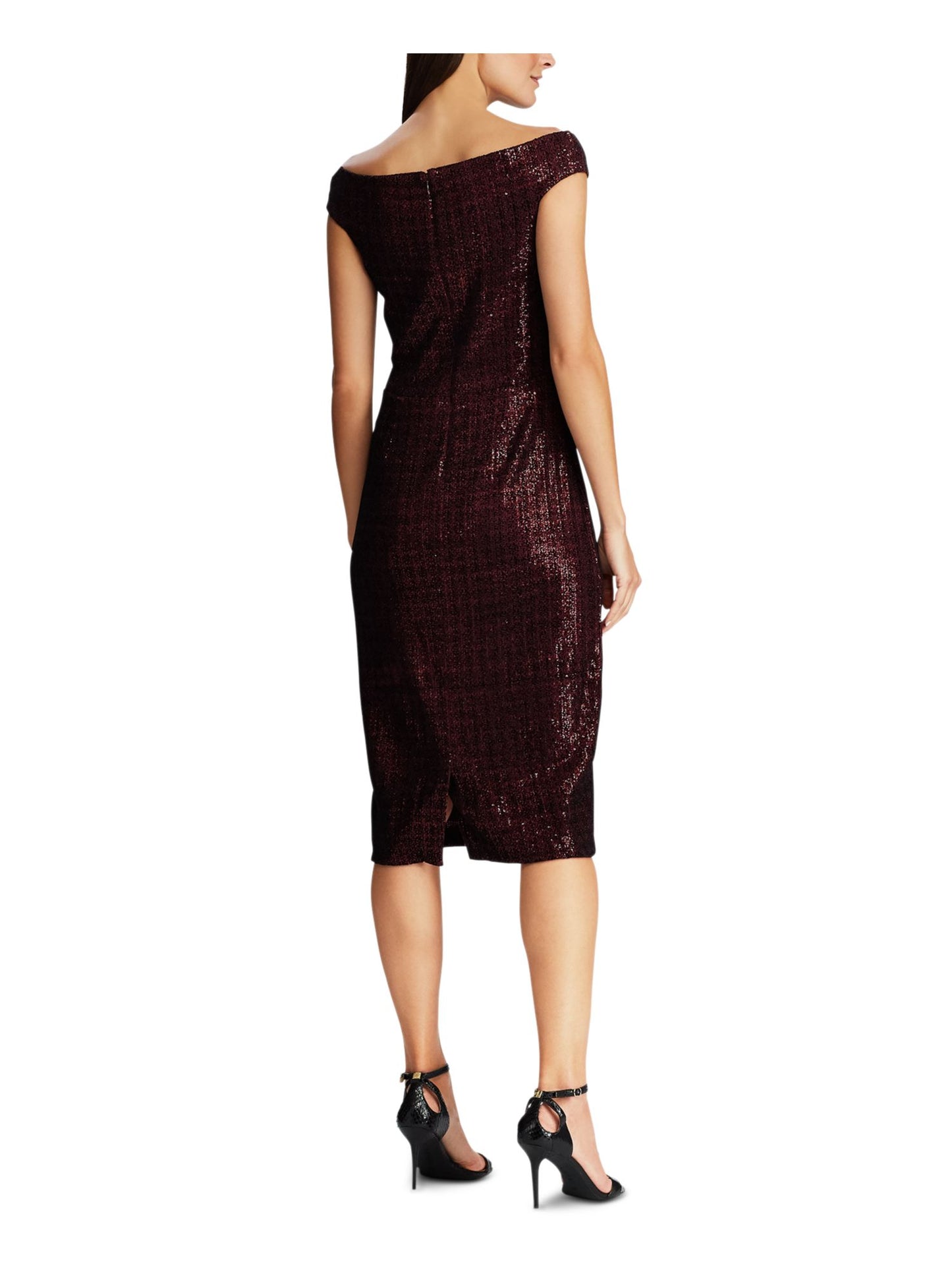 Vestido de coquetel feminino Ralph Lauren com lantejoulas, manga curta, decote canoa, midi, preto, tamanho 0