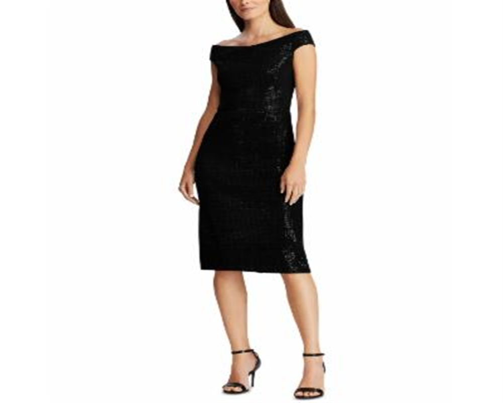 Vestido de coquetel feminino Ralph Lauren com lantejoulas, manga curta, decote canoa, midi, preto, tamanho 0