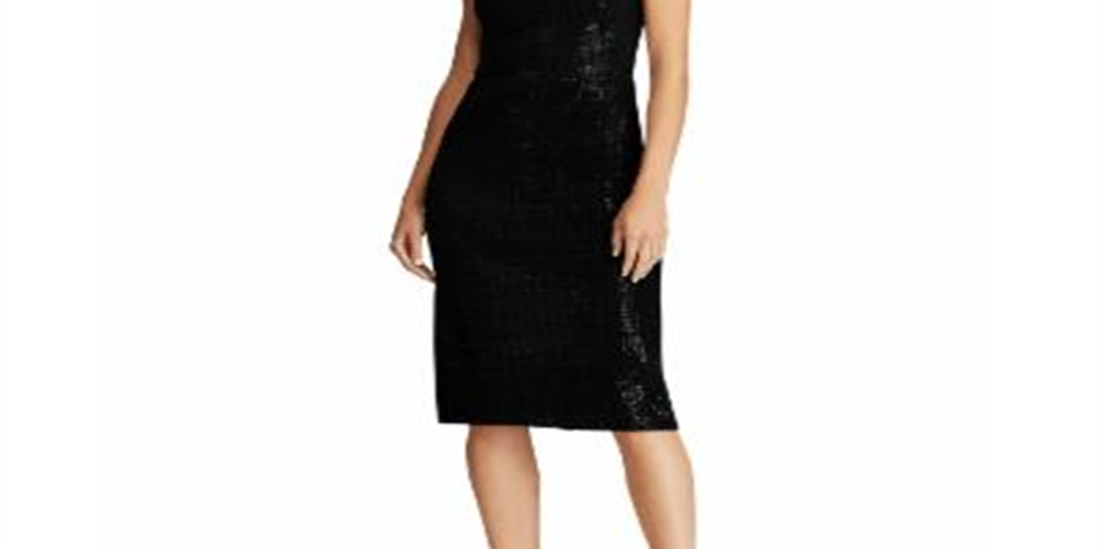 Vestido de coquetel feminino Ralph Lauren com lantejoulas, manga curta, decote canoa, midi, preto, tamanho 0