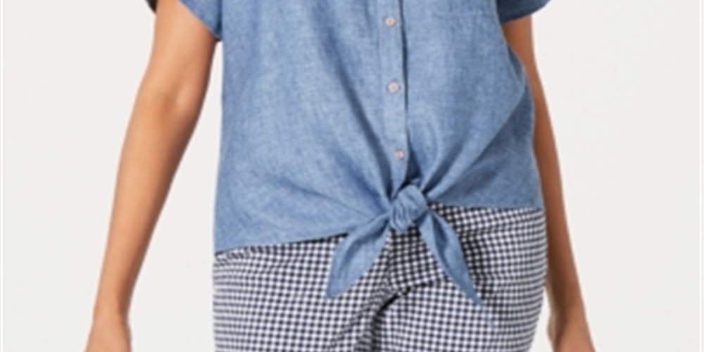 Camisa feminina Charter Club Petite Linen com amarração frontal, azul, tamanho PXL