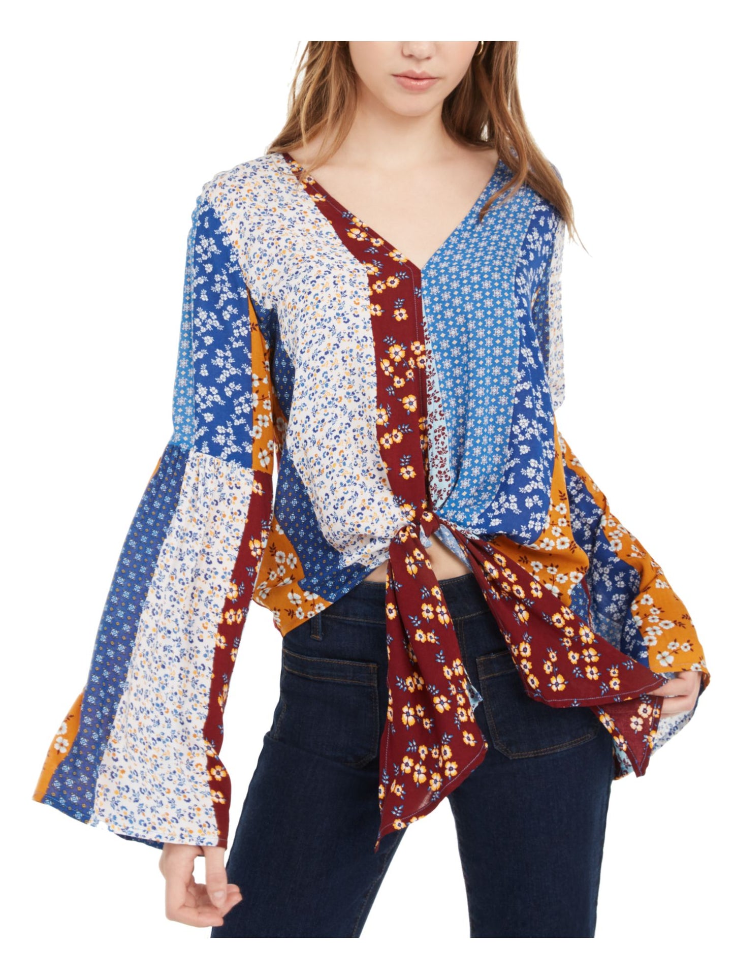 Blusa feminina POLLY &amp; ESTHER com estampa de gravata e manga sino, decote em V, azul, vários tamanhos M