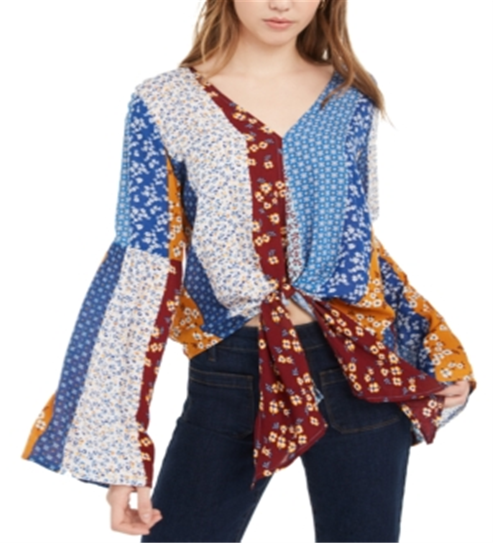 Blusa feminina POLLY &amp; ESTHER com estampa de gravata e manga sino, decote em V, azul, vários tamanhos M