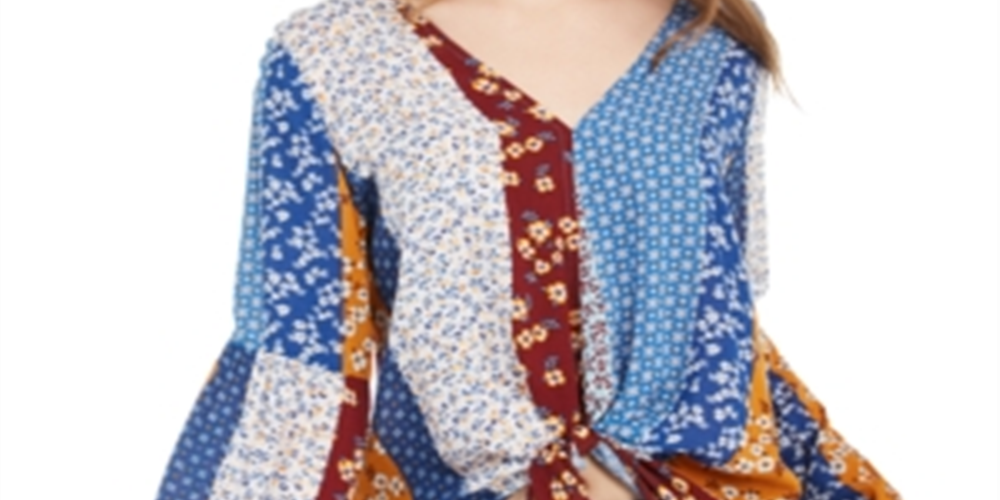 Blusa feminina POLLY &amp; ESTHER com estampa de gravata e manga sino, decote em V, azul, vários tamanhos M