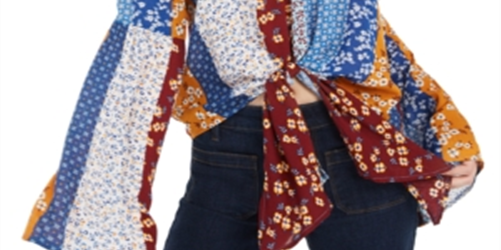 Blusa feminina POLLY &amp; ESTHER com estampa de gravata e manga sino, decote em V, azul, vários tamanhos M