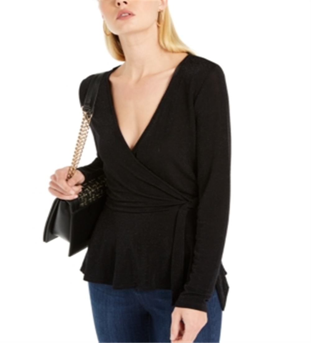 Suéter feminino INC Metallic Surplice, preto profundo, tamanho XS