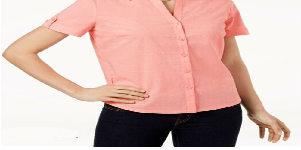 Camisa feminina Karen Scott Petite de algodão com ilhós, nova! Rosa, tamanho Petit P