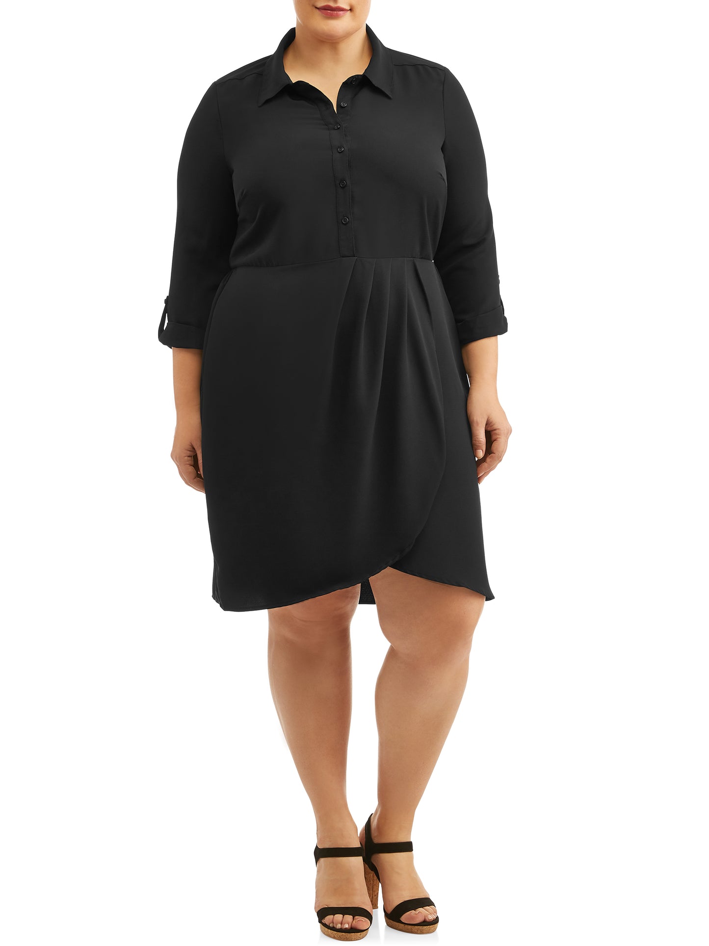 Vestido de camisa feminino LOVE SQUARED com manga 3/4 e comprimento até o joelho, preto, tamanho 1X