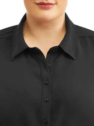 Vestido de camisa feminino LOVE SQUARED com manga 3/4 e comprimento até o joelho, preto, tamanho 1X