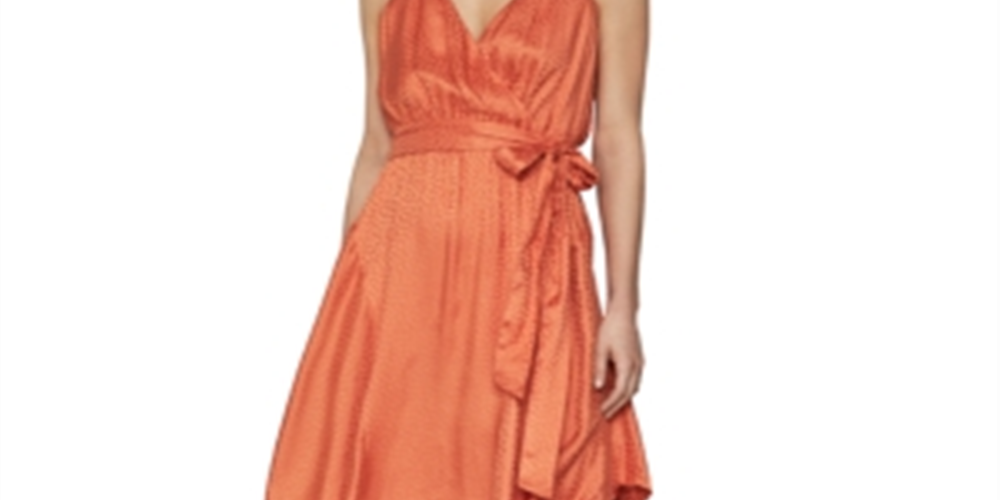 Vestido envelope feminino BCBGMaxazria com bainha de lenço de cetim laranja tamanho M