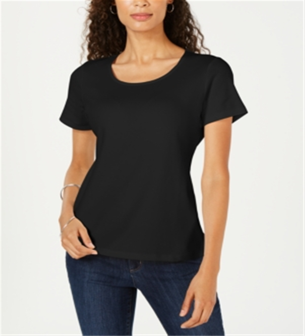 Karen Scott Top feminino de algodão com decote redondo, tamanho PL, preto profundo