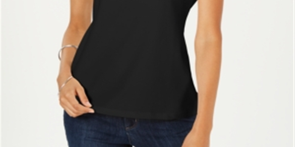 Karen Scott Top feminino de algodão com decote redondo, tamanho PL, preto profundo