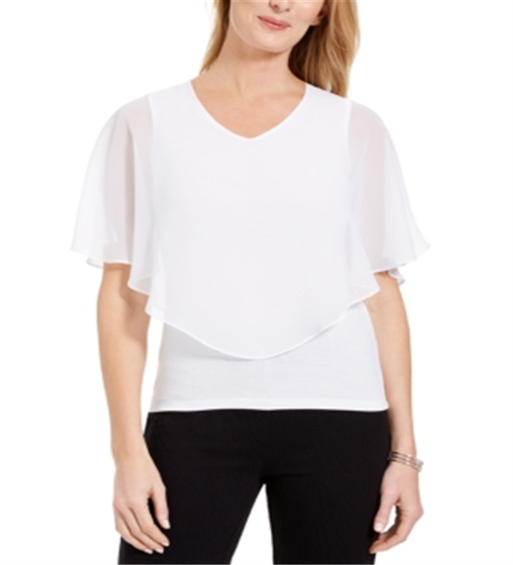 JM Collection Top feminino com sobreposição pequena, branco brilhante, tamanho PS