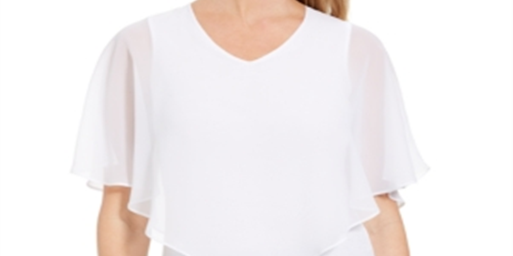 JM Collection Top feminino com sobreposição pequena, branco brilhante, tamanho PS