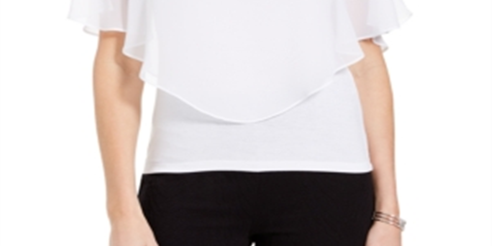 JM Collection Top feminino com sobreposição pequena, branco brilhante, tamanho PS