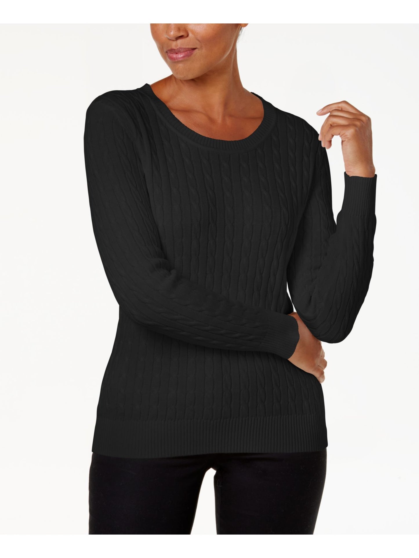 KAREN SCOTT Suéter feminino canelado, manga comprida, gola redonda, tamanho pequeno, preto, tamanho pequeno S