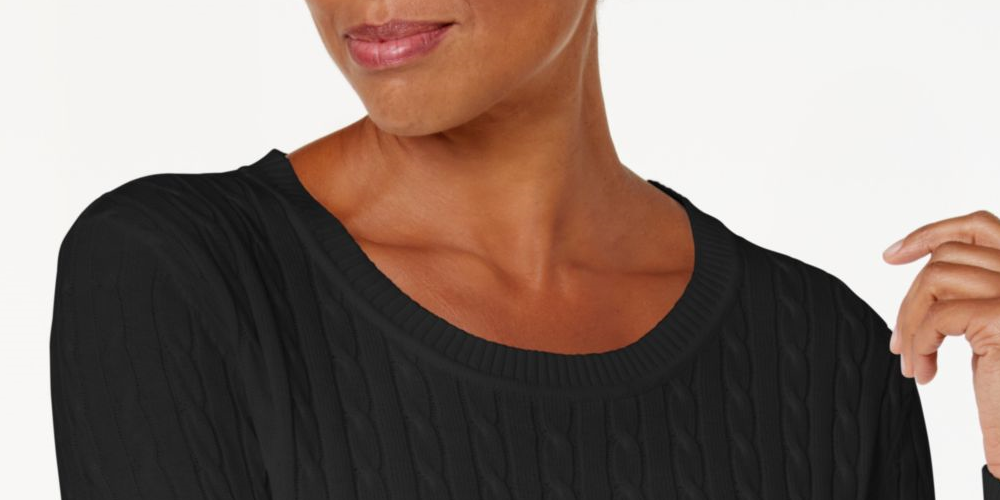 KAREN SCOTT Suéter feminino canelado, manga comprida, gola redonda, tamanho pequeno, preto, tamanho pequeno S