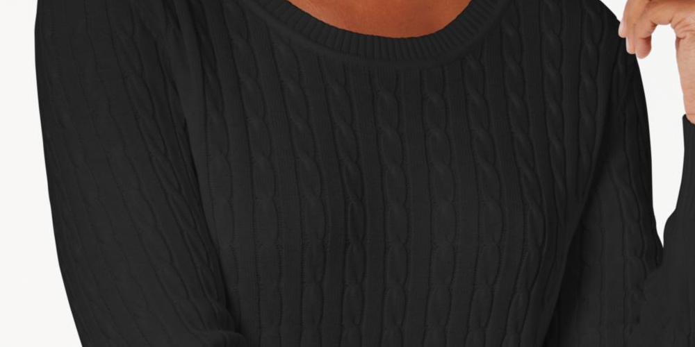 KAREN SCOTT Suéter feminino canelado, manga comprida, gola redonda, tamanho pequeno, preto, tamanho pequeno S