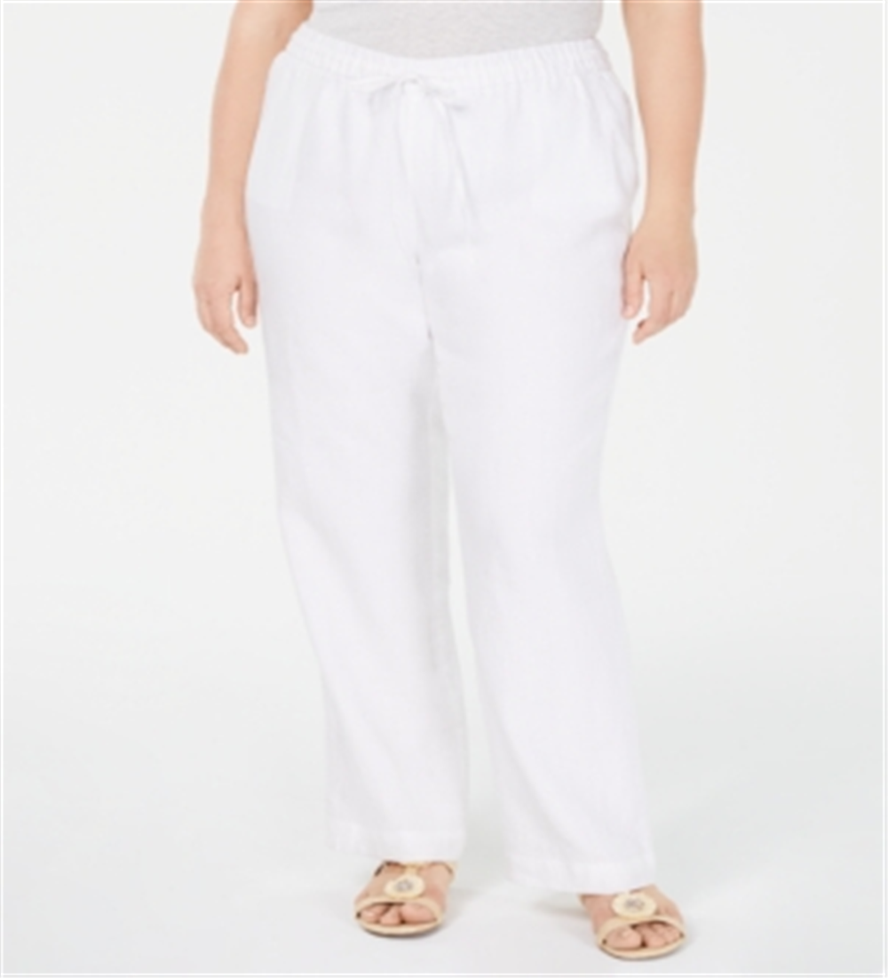 Calça feminina plus size Charter Club de linho com perna reta P, branca brilhante, tamanho 0X