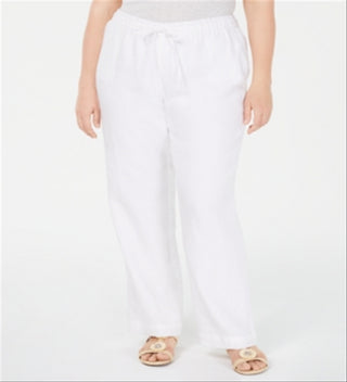 Calça feminina plus size Charter Club de linho com perna reta P, branca brilhante, tamanho 0X