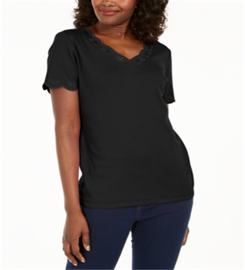Camiseta feminina Karen Scott de algodão com decote em V e recortes, preta, tamanho XS