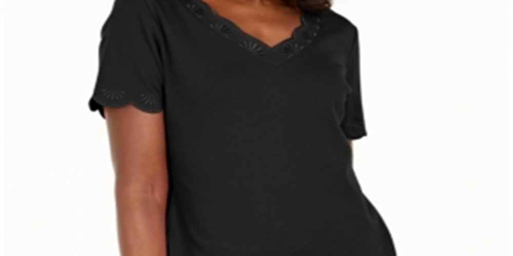 Camiseta feminina Karen Scott de algodão com decote em V e recortes, preta, tamanho XS