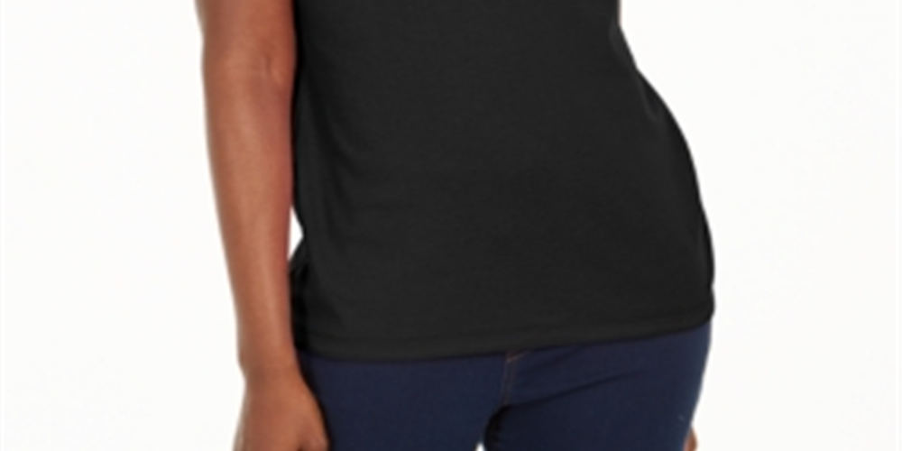 Camiseta feminina Karen Scott de algodão com decote em V e recortes, preta, tamanho XS