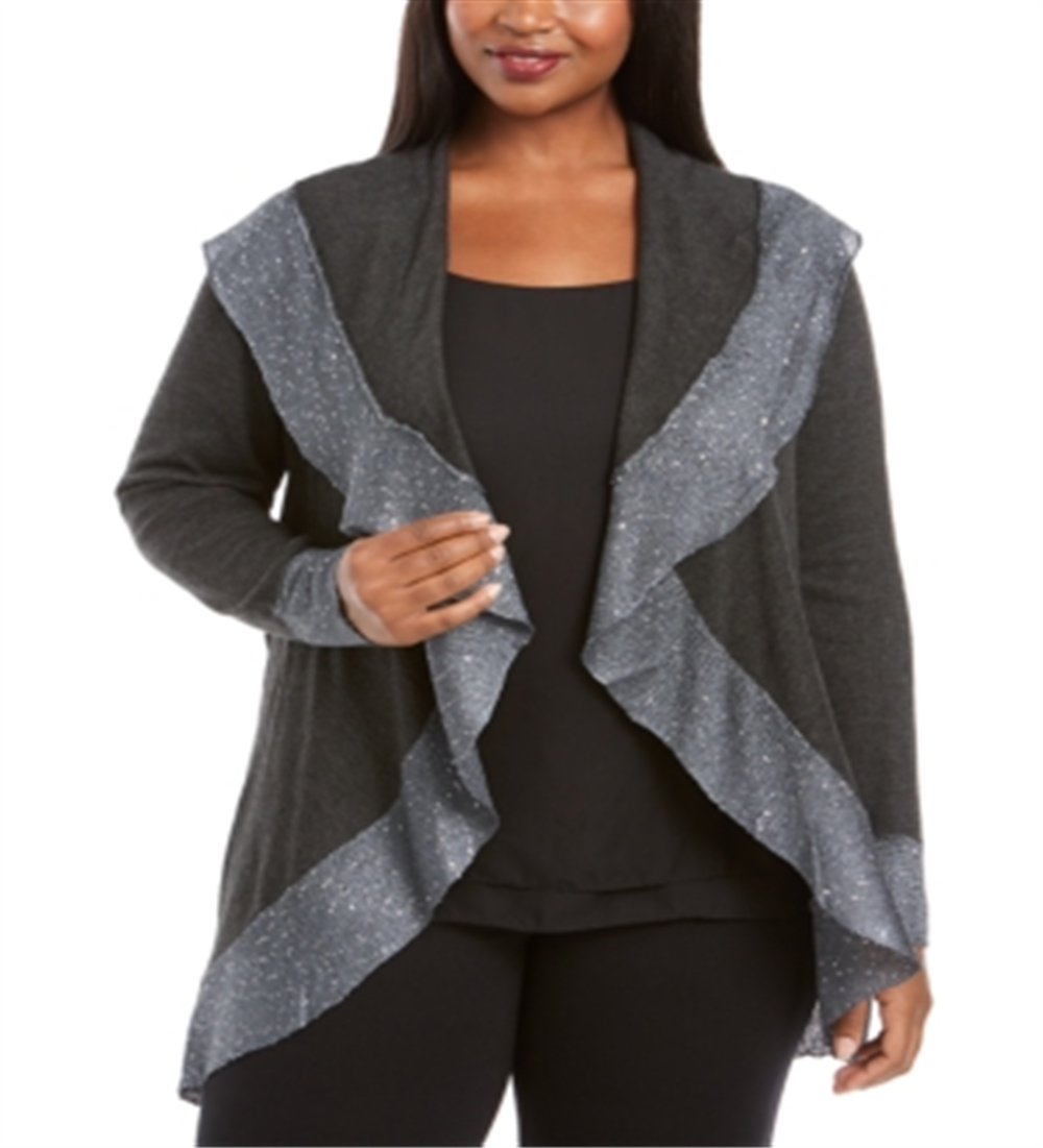 Cardigan feminino Belldini plus size com acabamento em lantejoulas - mesclado/cinza carvão, tamanho 1X