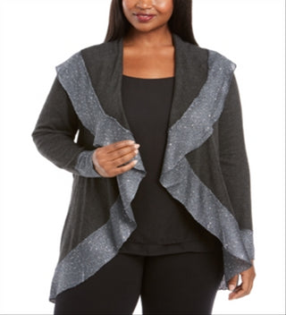 Belldini Women's Plus Size Sequin Trim Cardigan - Heather/Charcoal Gray Size 1X