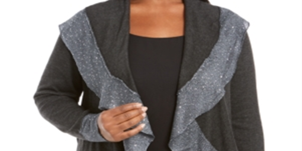 Cardigan feminino Belldini plus size com acabamento em lantejoulas - mesclado/cinza carvão, tamanho 1X