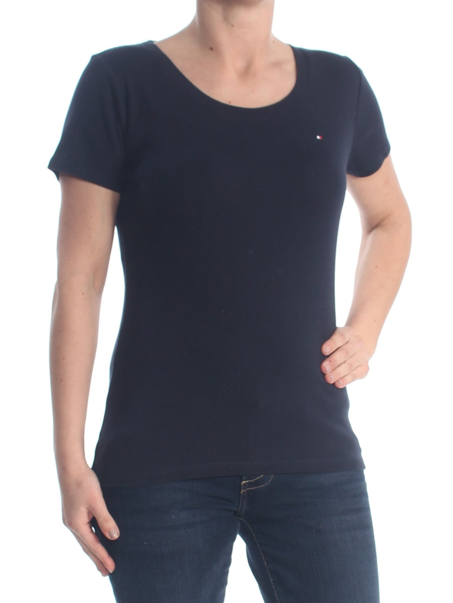 Camiseta feminina Tommy Hilfiger de algodão com decote redondo, azul-marinho, tamanho pequeno