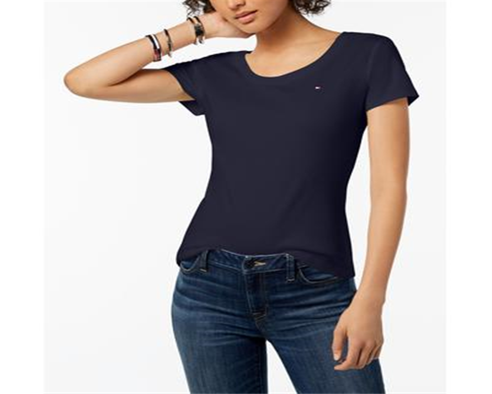 Camiseta feminina Tommy Hilfiger de algodão com decote redondo, azul-marinho, tamanho pequeno