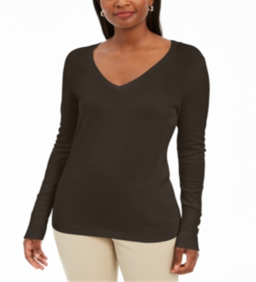 Suéter feminino com punho de botão JM Collection, torra expresso, tamanho XS