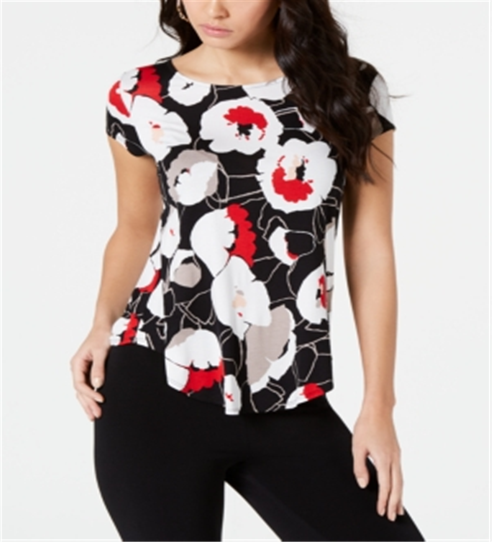Camiseta feminina Alfani Petite estampada com bainha redonda, preta, tamanho Petite M