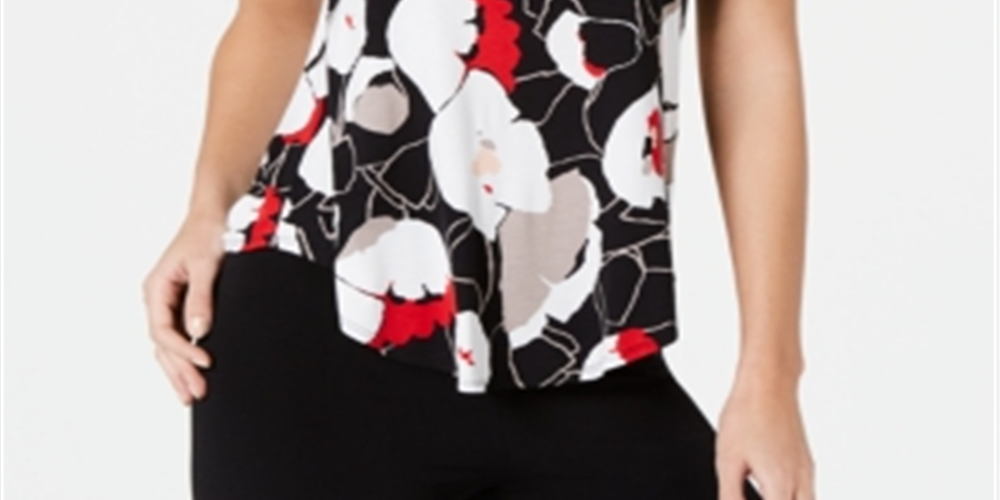 Camiseta feminina Alfani Petite estampada com bainha redonda, preta, tamanho Petite M