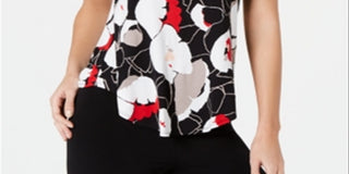 Camiseta feminina Alfani Petite estampada com bainha redonda, preta, tamanho Petite M