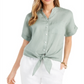 Camisa feminina Charter Club de linho com botões e amarração frontal, verde, tamanho M