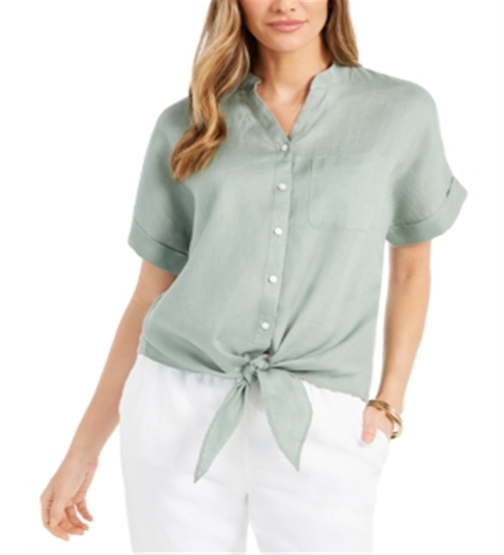 Camisa feminina Charter Club de linho com botões e amarração frontal, verde, tamanho M