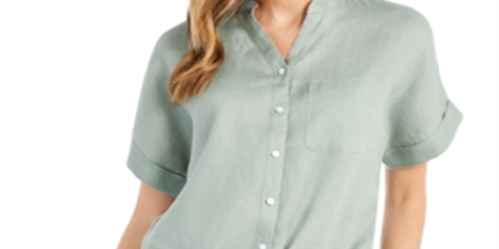 Camisa feminina Charter Club de linho com botões e amarração frontal, verde, tamanho M
