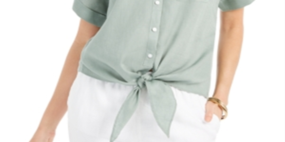 Camisa feminina Charter Club de linho com botões e amarração frontal, verde, tamanho M