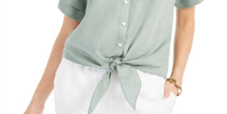 Camisa feminina Charter Club de linho com botões e amarração frontal, verde, tamanho M