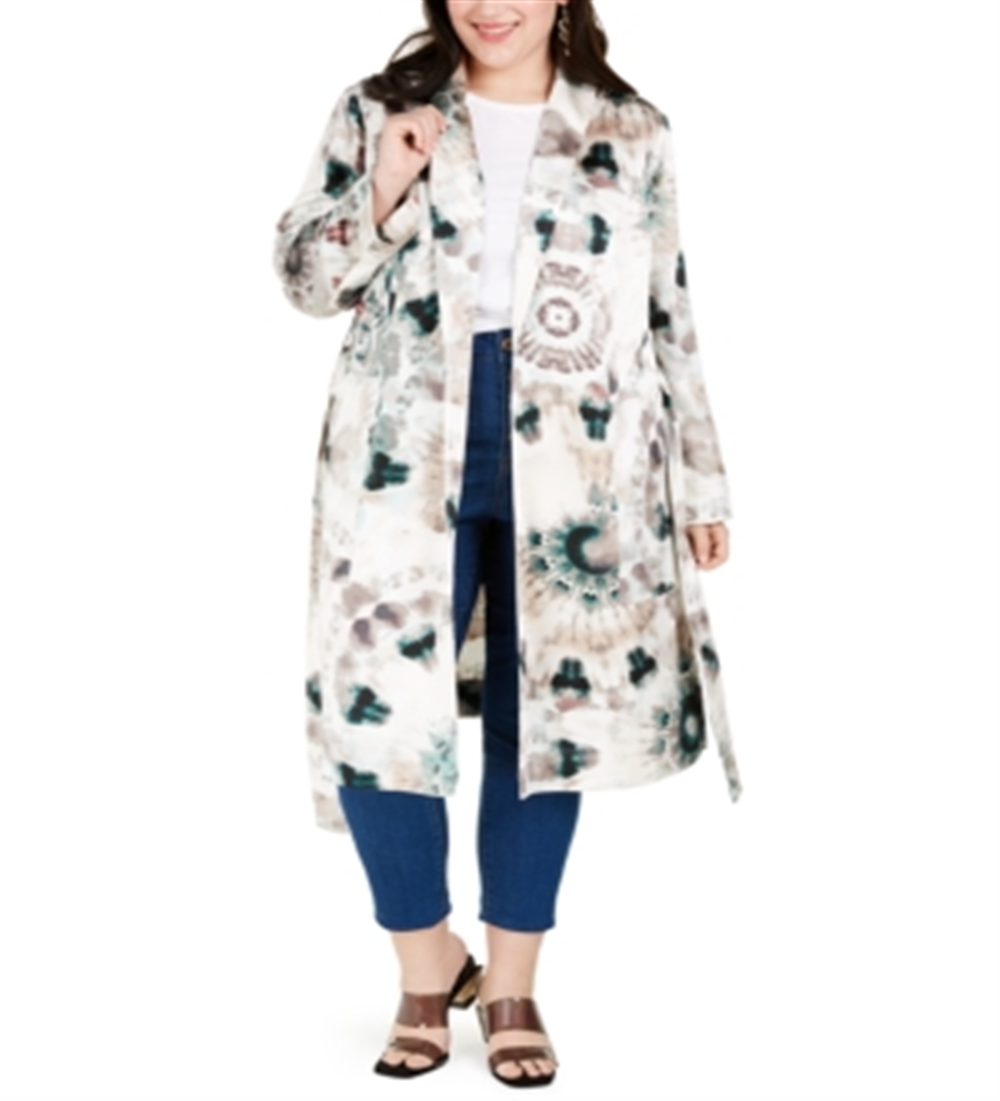 INC Casaco longo feminino plus size tie-dye branco multi tamanho 2X